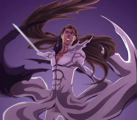HD PC desktop wallpaper featuring Sōsuke Aizen from the anime Bleach, depicted with flowing hair and a glowing sword against a dark purple background.