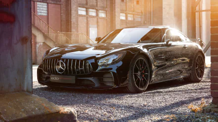 Black Mercedes‑Benz AMG vehicle parked in a sunlit industrial courtyard, rendered in high-detail 4K Ultra HD PC desktop wallpaper and background.