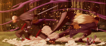 HD anime PC desktop wallpaper of Hanzo (Overwatch) and Mifune (Naruto) clashing in a dynamic forest duel—arrows, swords, motion blur and falling leaves.