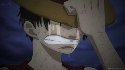 HD PC desktop wallpaper featuring Monkey D. Luffy from the anime One Piece, shown gripping his signature straw hat with a determined expression.