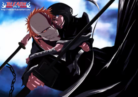 HD anime desktop wallpaper featuring Bleach characters Ichigo Kurosaki and Rukia Kuchiki in dynamic action with dramatic lighting and a vivid sky background.
