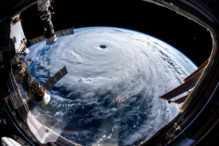 4K Ultra HD view from a space station shows a massive cyclone swirling over Earth, captured by NASA’s satellite in space.