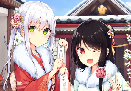 Anime-style original HD desktop wallpaper featuring two girls in traditional winter attire holding a charm, set against a snowy shrine background.