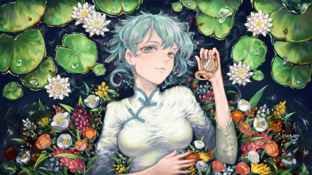 4K Ultra HD anime wallpaper featuring Hatsune Miku in a white outfit surrounded by vibrant flowers and lush green lily pads, capturing a serene Vocaloid scene.