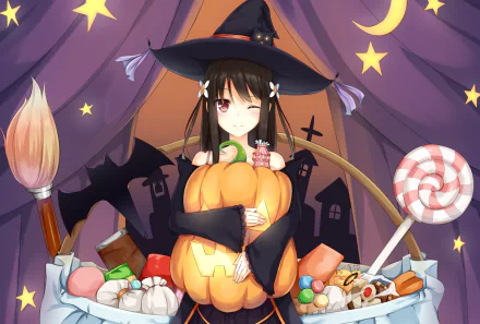 Anime Halloween-themed HD wallpaper featuring a smiling character with long black hair, red eyes, and a witch hat, holding a pumpkin in a festive atmosphere with candy and Halloween decorations.