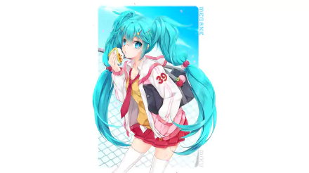 Hatsune Miku (Vocaloid) anime: teal twin-tails in a school-style outfit, eating a donut against a bright blue grid sky — HD PC desktop wallpaper and background.