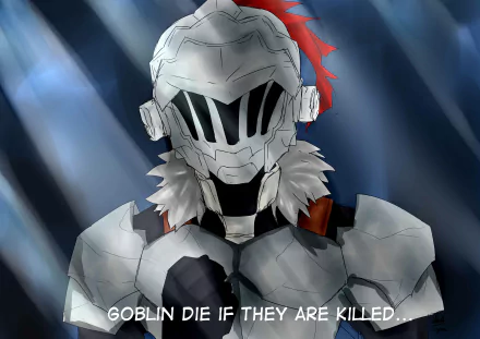 4K Ultra HD PC wallpaper of anime Goblin Slayer: silver-armored warrior with helmet, red ribbon and fur collar, set against a dark, ray-lit background.
