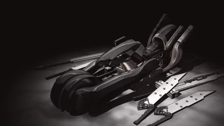 4K Ultra HD PC desktop wallpaper of a dark futuristic bike alongside two massive swords with a Final Fantasy VII aesthetic, cinematic lighting and high-contrast metal textures.