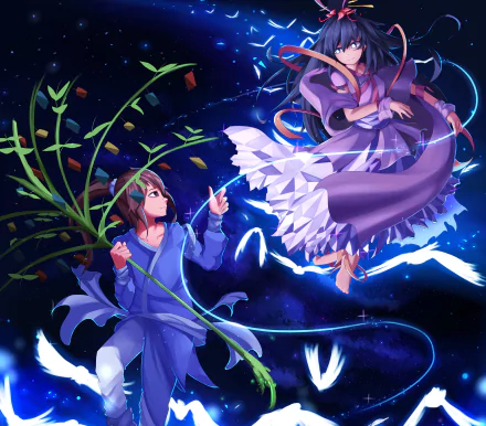 Original anime Tanabata 4K Ultra HD PC wallpaper: blue-haired girl with blue eyes and brown-haired youth with brown eyes reach toward each other amid glowing stars, ribbons, and night sky.