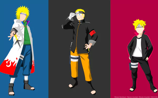 Minimalist 8K Ultra HD anime wallpaper featuring blonde characters Minato Namikaze, Naruto Uzumaki, and Boruto Uzumaki from the Naruto series.