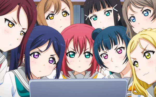 HD PC desktop wallpaper featuring Mari Ohara, You Watanabe, Yoshiko Tsushima, Dia Kurosawa, Ruby Kurosawa, Kanan Matsuura, Hanamaru Kunikida, and Riko Sakurauchi from Love Live! Sunshine!!.