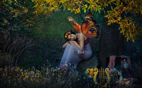 A fairy with butterfly wings rests beside a glowing lyre under golden-leaved branches in a magical forest, captured in an HD fantasy desktop wallpaper.