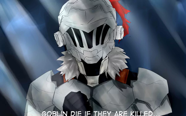 4K Ultra HD PC wallpaper of anime Goblin Slayer: silver-armored warrior with helmet, red ribbon and fur collar, set against a dark, ray-lit background.