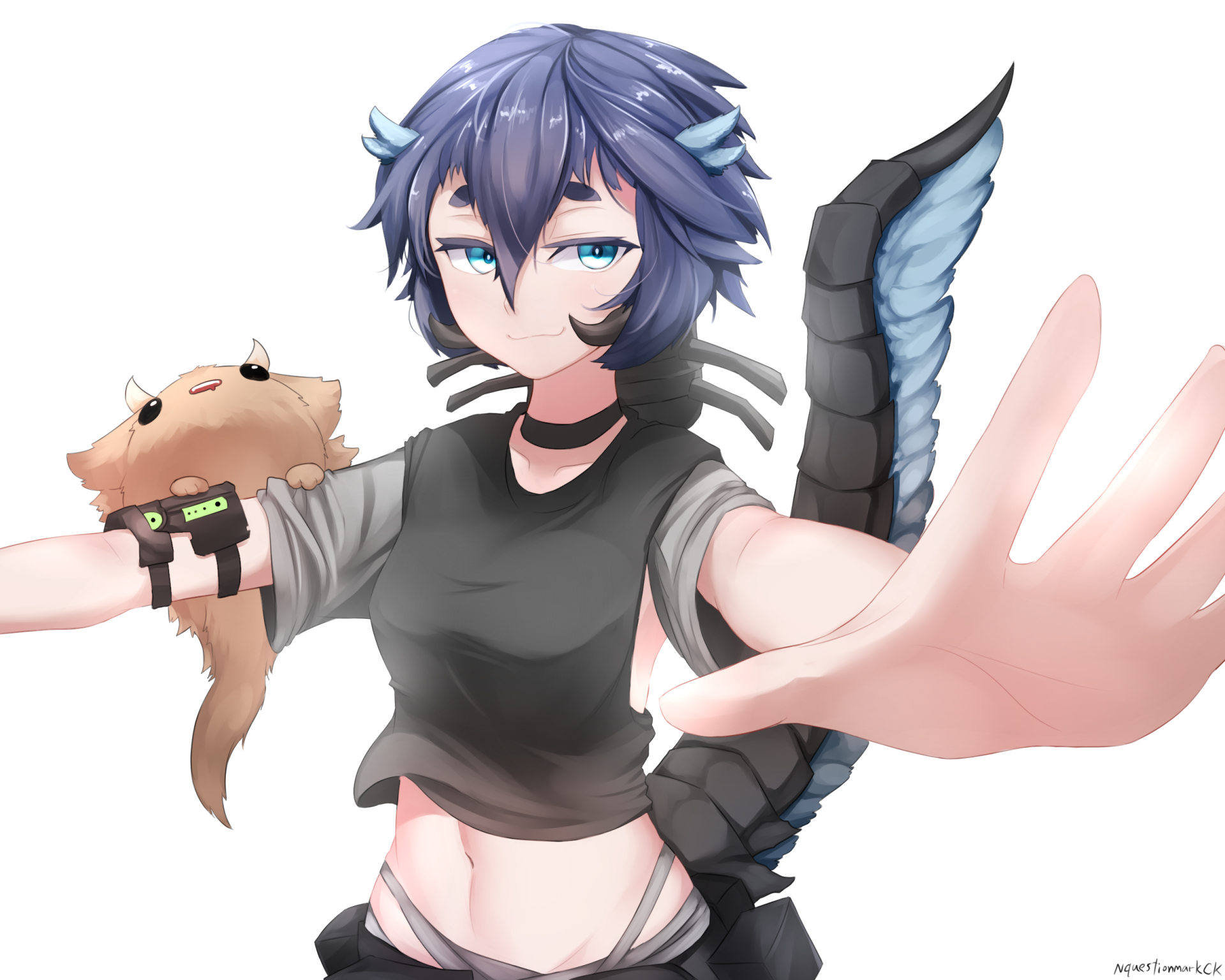 Anime original: purple-haired character with blue eyes reaching toward the viewer, wearing a cropped black top, a small brown creature on their arm and a segmented mechanical tail — HD PC desktop wallpaper.