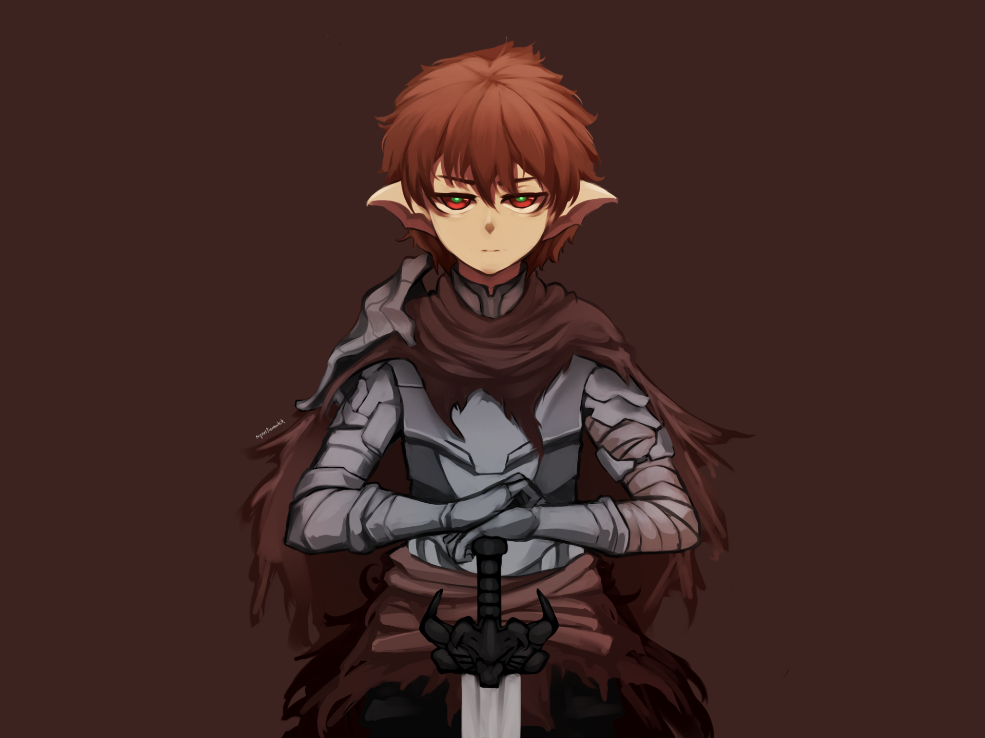 Download Armor Sword Red Eyes Brown Hair Warrior Elf Anime Original HD Wallpaper by NquestionmarkCK