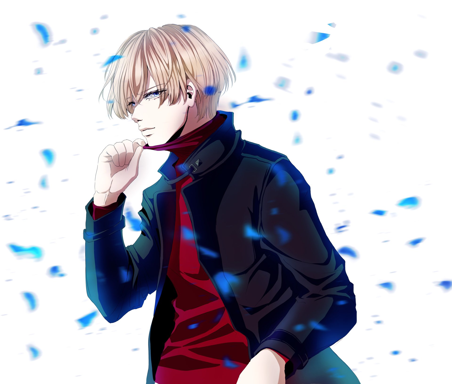 Anime boy with blonde hair and blue eyes, dressed in a dark jacket and red shirt, surrounded by floating blue petals in a detailed 4K Ultra HD desktop wallpaper.