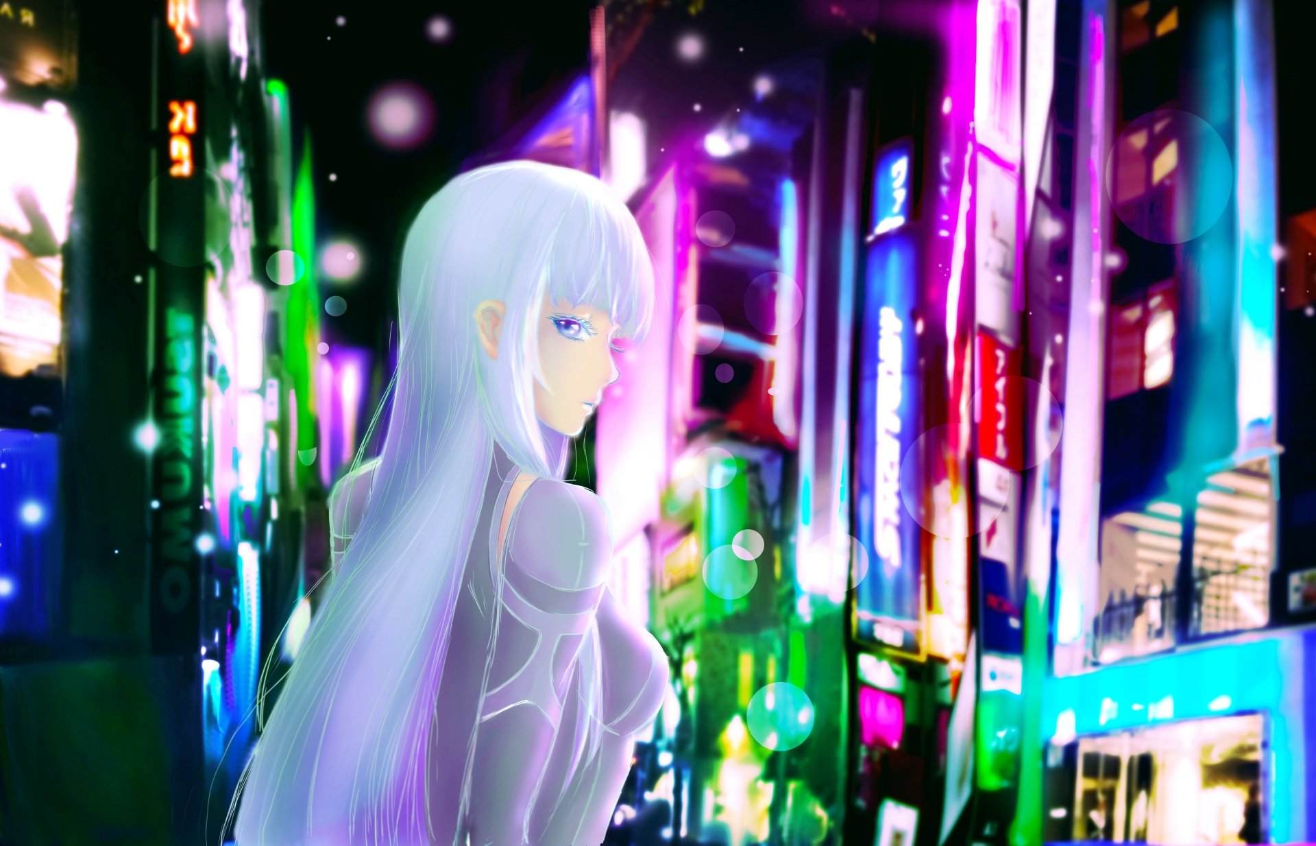 Anime-style character with white hair and purple eyes stands against a vibrant, neon-lit cityscape in this 8K Ultra HD PC desktop wallpaper.