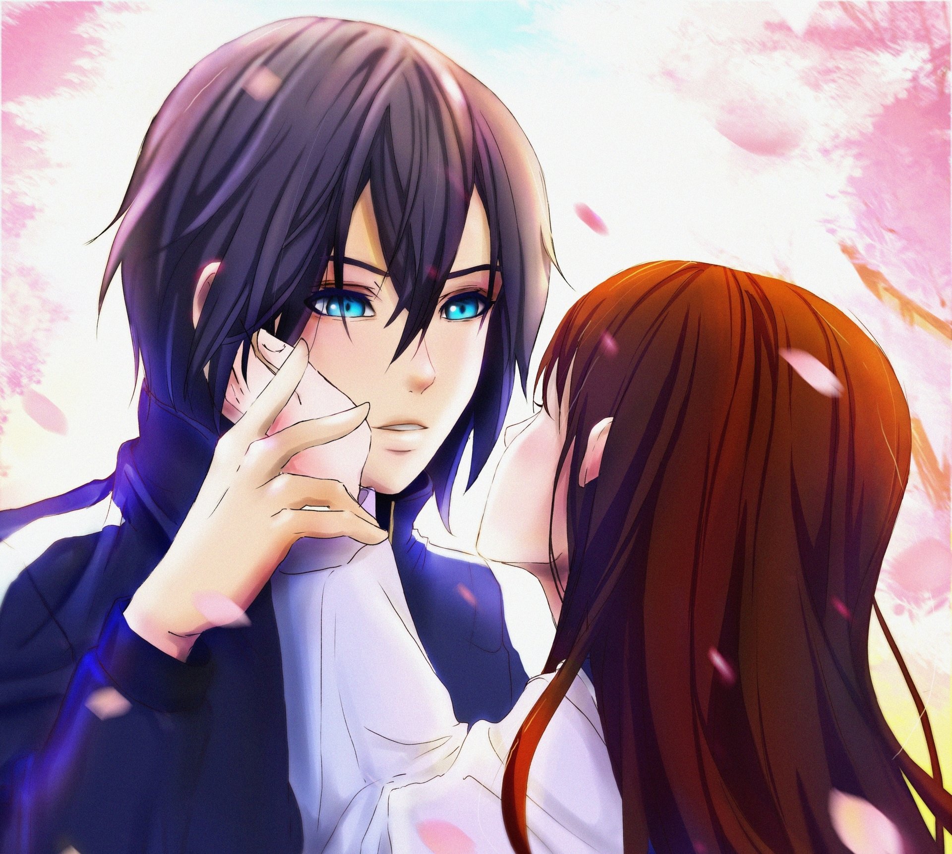 HD anime desktop wallpaper featuring Hiyori Iki and Yato from Noragami with cherry blossoms in the background.