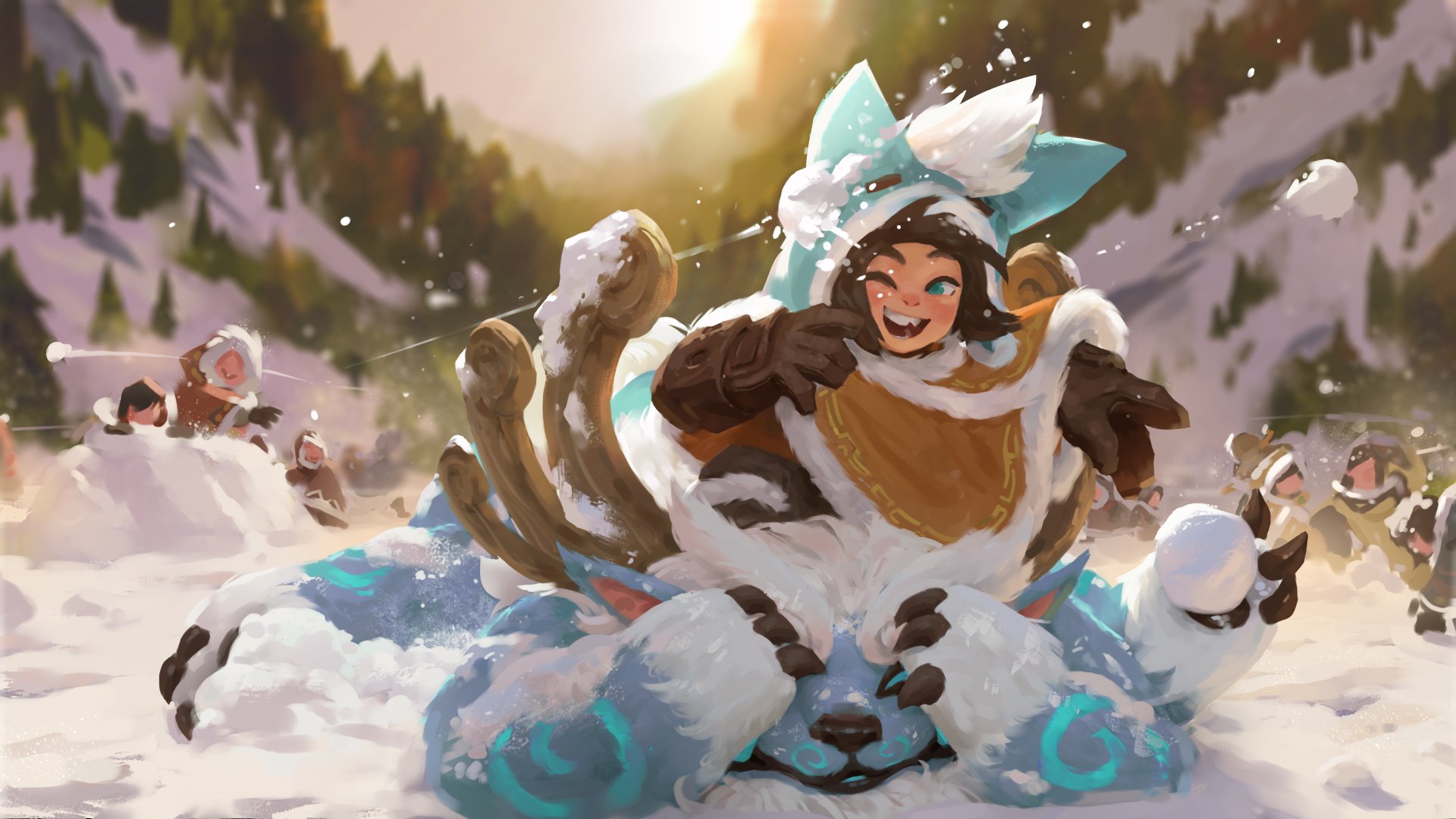Vibrant 4K Ultra HD League of Legends wallpaper featuring Nunu and Willump joyfully playing in a snowy landscape from the video game.