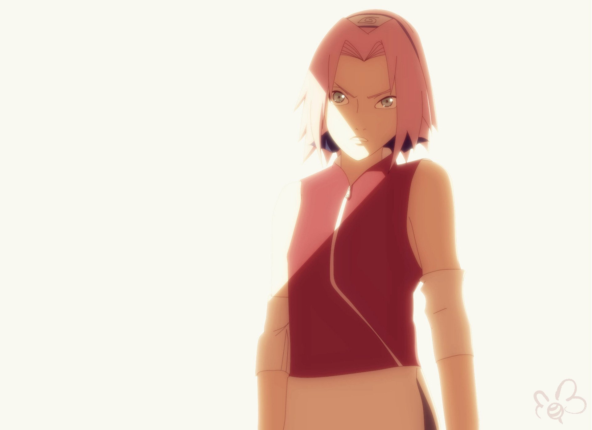 HD PC desktop wallpaper of Sakura Haruno (Naruto anime): bright high-contrast portrait of her in a red sleeveless top, intense gaze, minimalist overexposed background.