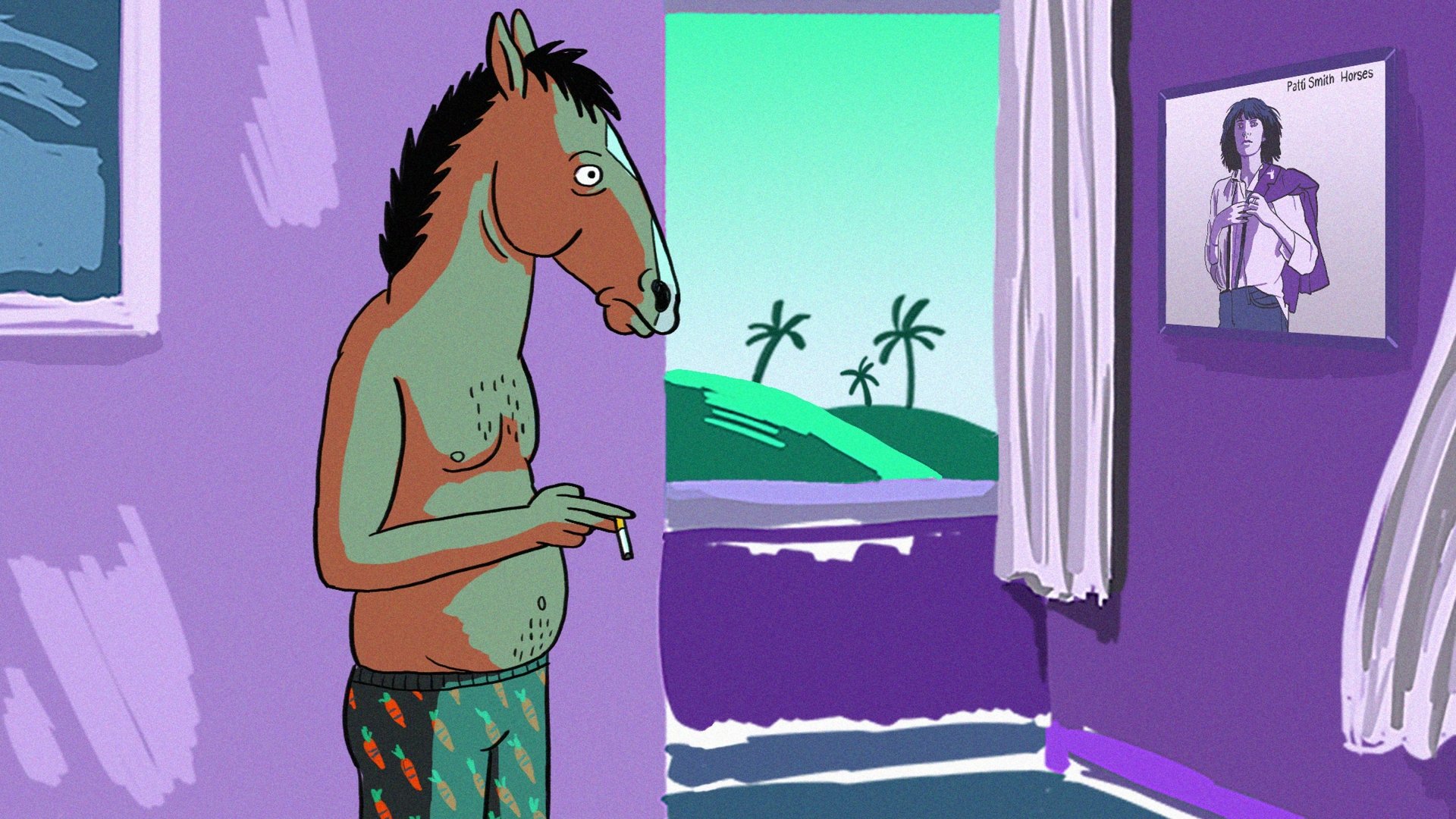 BoJack Horseman TV show 4K Ultra HD PC desktop wallpaper: BoJack in pajama shorts, smoking in a purple-lit room with open balcony, palm trees and ocean view.
