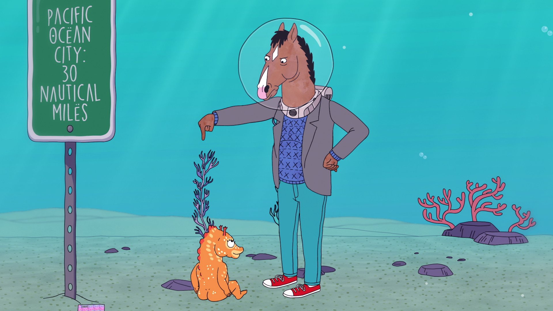 2K Quad HD PC desktop wallpaper and background from TV show BoJack Horseman: BoJack in a space helmet underwater, pointing at a small orange seahorse against a teal ocean backdrop.