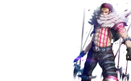 HD PC desktop wallpaper featuring Charlotte Katakuri from the anime One Piece, showcasing his fierce stance and detailed character design on a white background.