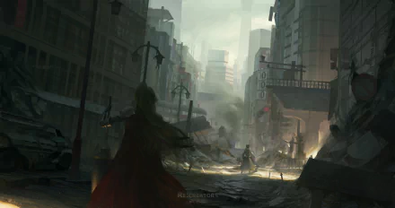 HD desktop wallpaper featuring characters Alicetaria February and Altair from Re:Creators on an abandoned street. The dark, dystopian cityscape adds an eerie atmosphere to the scene.