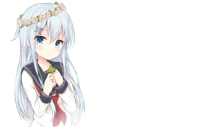 Anime-style HD PC desktop wallpaper of Hibiki from Kantai Collection, featuring her blue hair, blue eyes, and a floral headband.