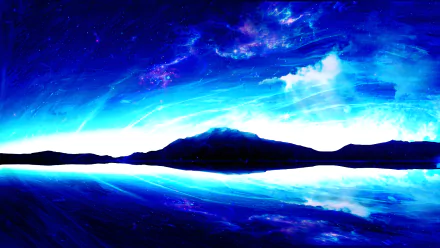 HD desktop wallpaper featuring an original blue anime fantasy scene with a vibrant night sky and reflective water under a starlit sky.