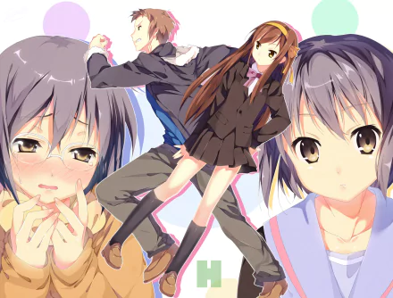 HD anime desktop wallpaper featuring Haruhi Suzumiya, Kyon, and Yuki Nagato from The Disappearance of Nagato Yuki-chan, showcasing vibrant character art and dynamic poses.
