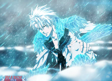 HD PC desktop wallpaper of Tōshirō Hitsugaya (Bleach) summoning Hyorinmaru, anime-style portrait with icy blue shards and swirling snow across a dramatic background.