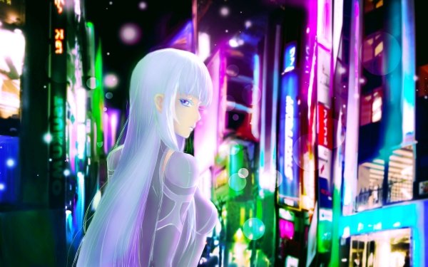 Anime Original City White Hair Purple Eyes HD Wallpaper | Background Image