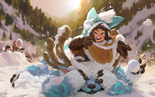 Vibrant 4K Ultra HD League of Legends wallpaper featuring Nunu and Willump joyfully playing in a snowy landscape from the video game.