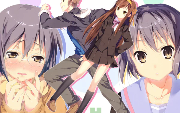 HD anime desktop wallpaper featuring Haruhi Suzumiya, Kyon, and Yuki Nagato from The Disappearance of Nagato Yuki-chan, showcasing vibrant character art and dynamic poses.