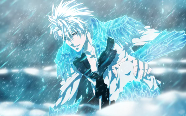 HD PC desktop wallpaper of Tōshirō Hitsugaya (Bleach) summoning Hyorinmaru, anime-style portrait with icy blue shards and swirling snow across a dramatic background.