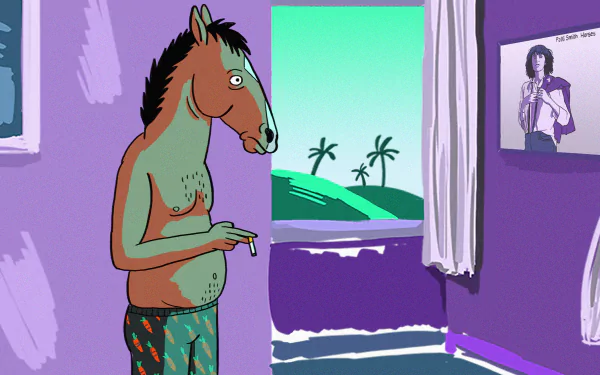 BoJack Horseman TV show 4K Ultra HD PC desktop wallpaper: BoJack in pajama shorts, smoking in a purple-lit room with open balcony, palm trees and ocean view.