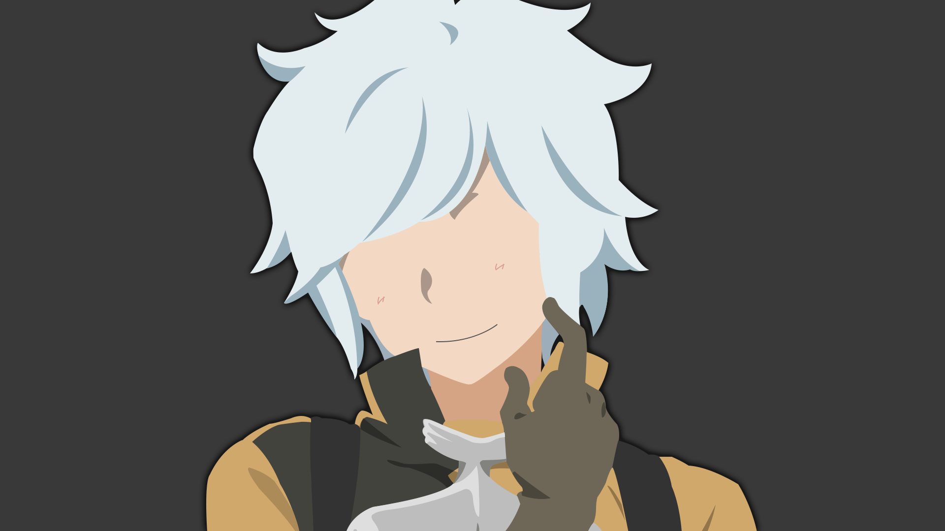 HD anime desktop wallpaper of Bell Cranel from Is It Wrong to Try to Pick Up Girls in a Dungeon?, featuring his white hair and adventurer outfit in a minimalist style.