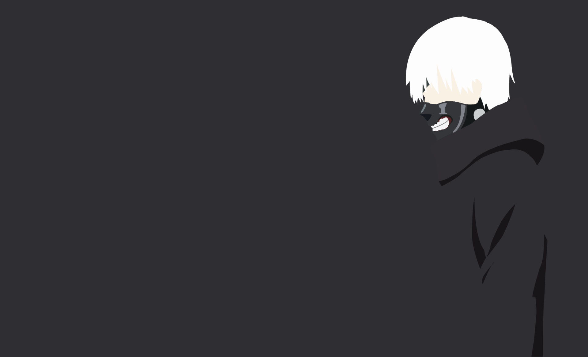 HD desktop wallpaper featuring Ken Kaneki from Tokyo Ghoul with his signature white hair and mask against a dark, minimalist background.