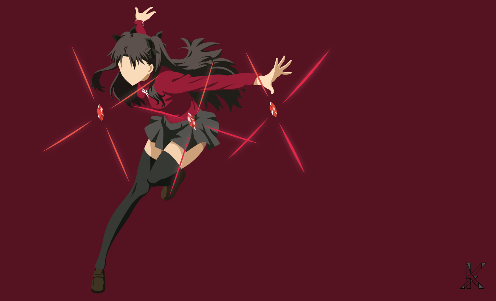 HD PC desktop wallpaper featuring Rin Tohsaka from the anime Fate/Stay Night: Unlimited Blade Works in a dynamic pose with a deep red background.