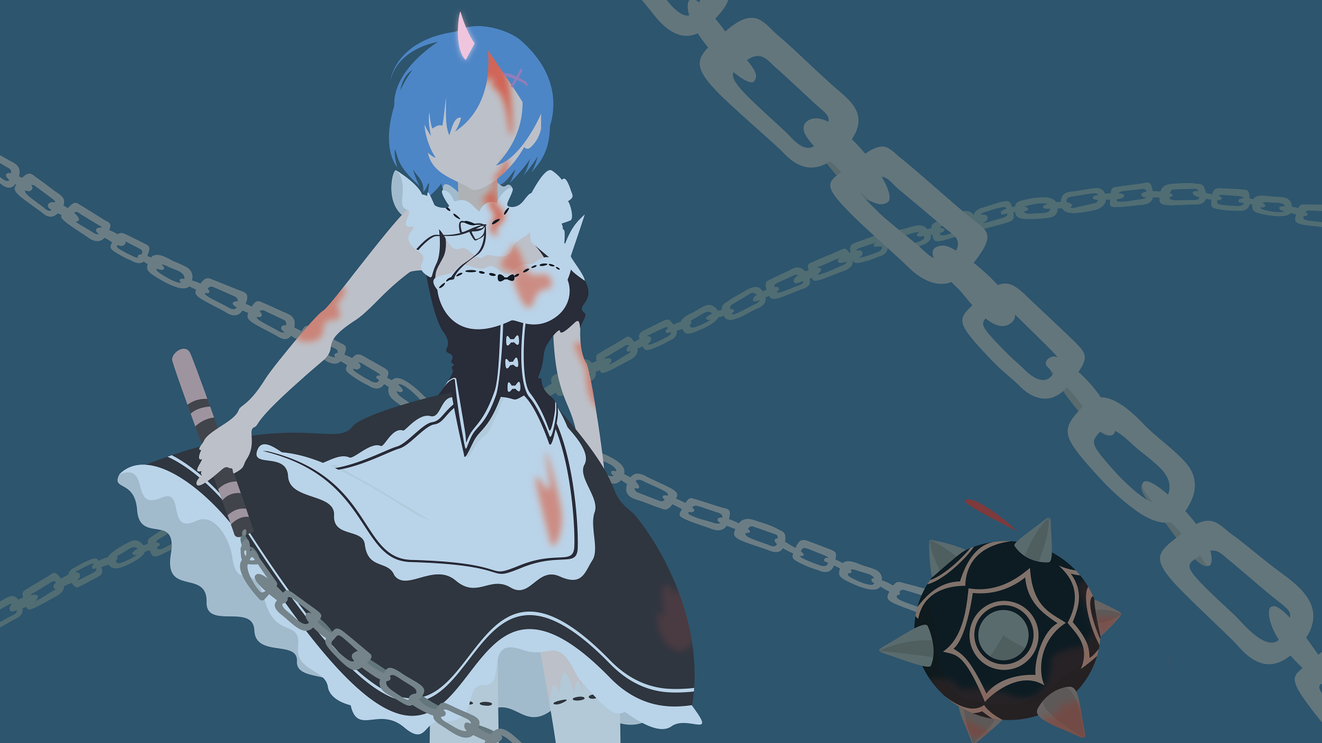 Rem (Re:ZERO) anime from Re:Zero - Starting Life in Another World, maid with morningstar and chains on a minimalist blue 4K Ultra HD PC desktop wallpaper.