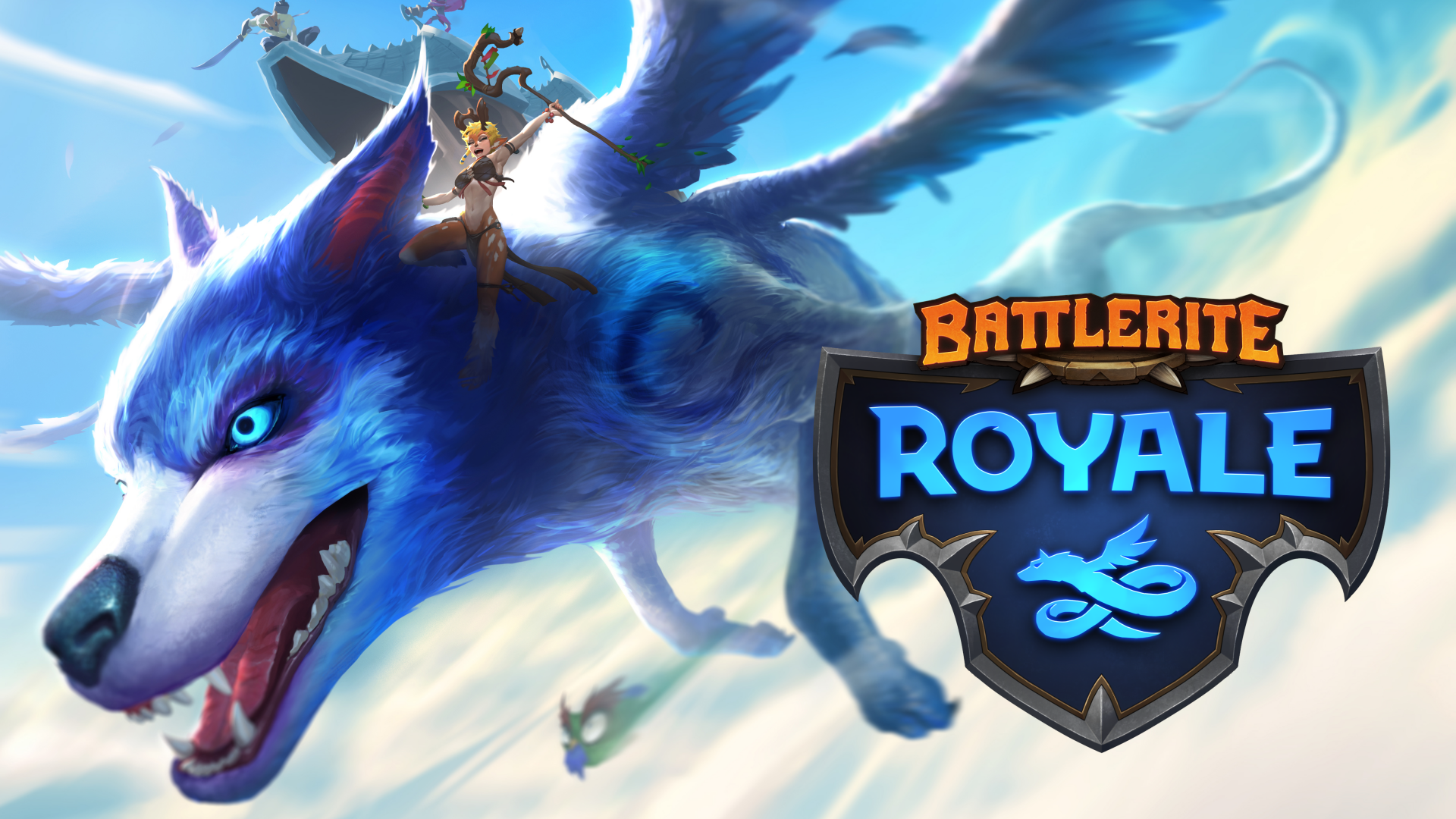 HD desktop wallpaper of Battlerite Royale featuring a dynamic blue wolf in flight with the game's logo displayed prominently.