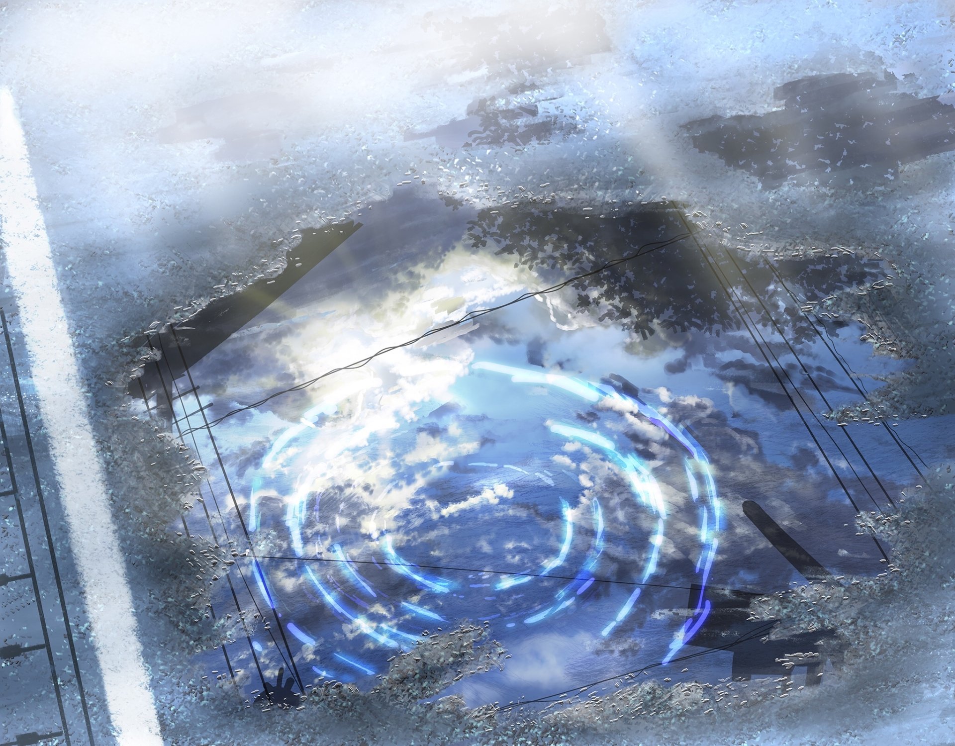 HD anime original wallpaper showing a reflective water surface with swirling blue light patterns and faint shadows, designed for PC desktop backgrounds.