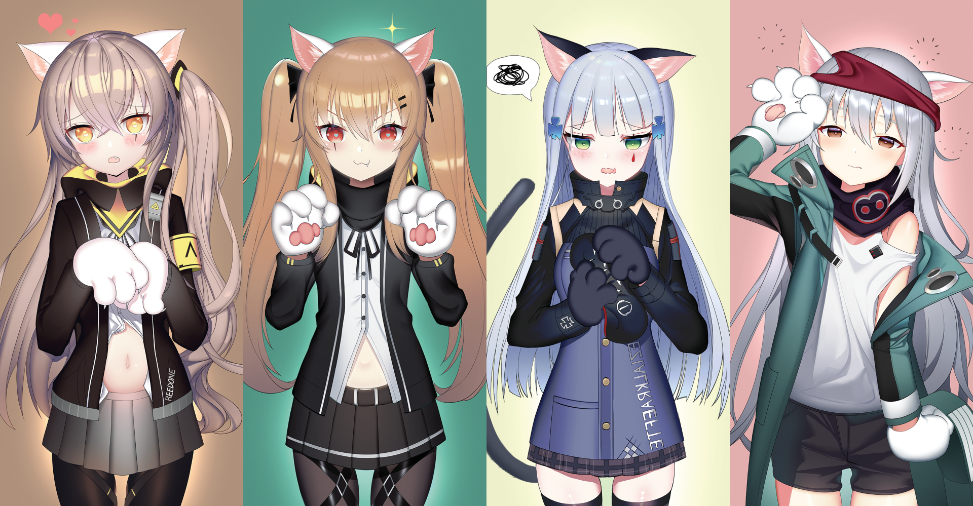 HD PC wallpaper featuring HK416, UMP9, UMP45, and G11 from the Girls Frontline video game, each with cat ears and distinct colorful backgrounds.