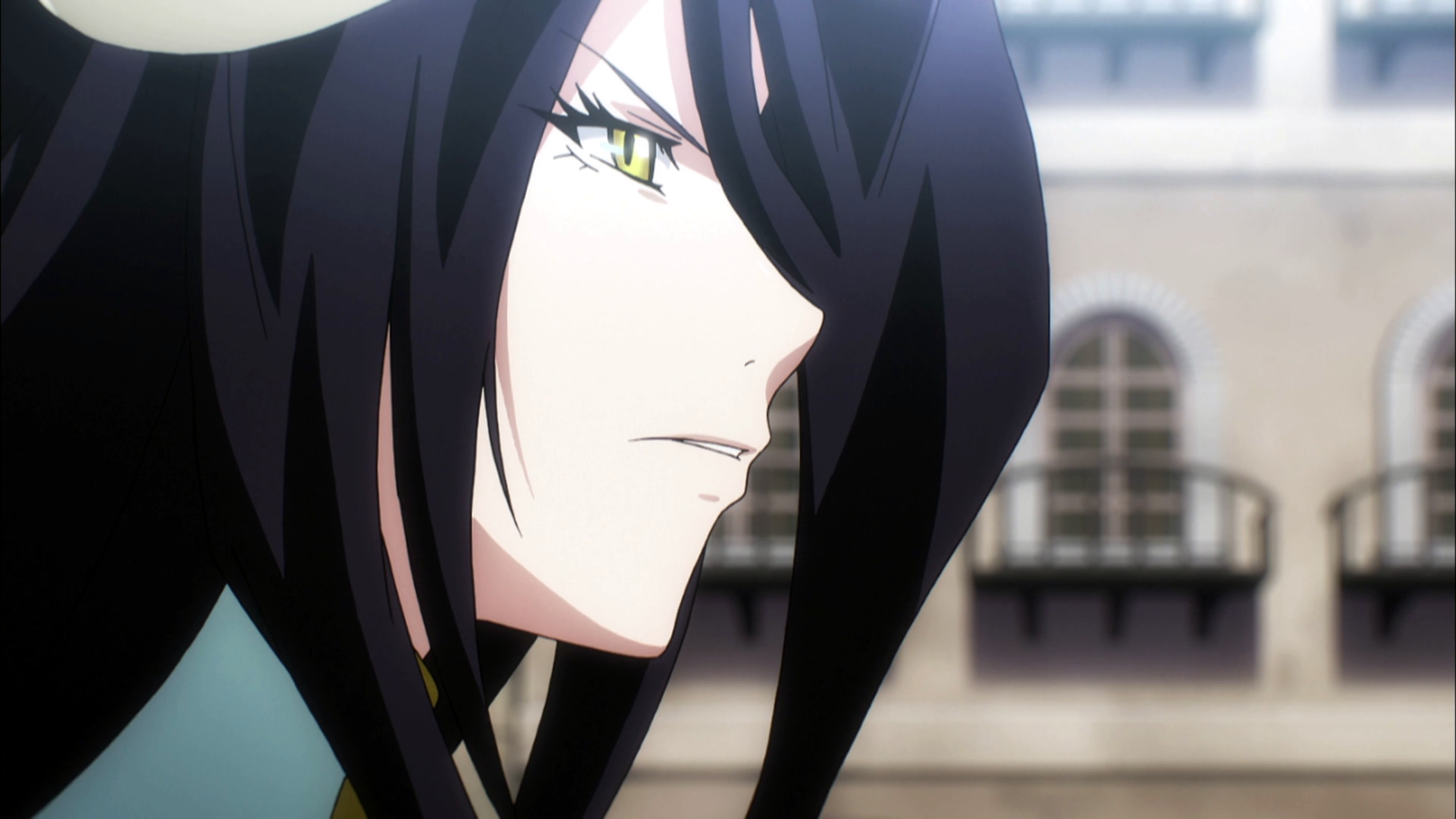 Anime Overlord HD PC desktop wallpaper and background — close-up profile of a pale woman with long black hair and yellow eyes, stern gaze against a blurred courtyard.