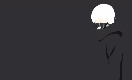 HD desktop wallpaper featuring Ken Kaneki from Tokyo Ghoul with his signature white hair and mask against a dark, minimalist background.