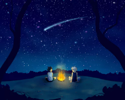 Gon Freecss and Killua Zoldyck from Hunter x Hunter sit by a campfire under a starry night sky with a shooting star, captured in this HD anime desktop wallpaper and background.