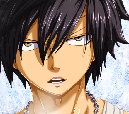 Close-up HD anime wallpaper of Gray Fullbuster from Fairy Tail, showcasing his intense expression and distinct dark hair against a light background.