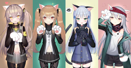 HD PC wallpaper featuring HK416, UMP9, UMP45, and G11 from the Girls Frontline video game, each with cat ears and distinct colorful backgrounds.