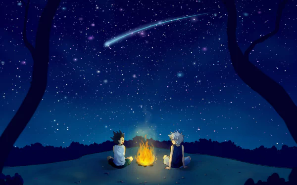 Gon Freecss and Killua Zoldyck from Hunter x Hunter sit by a campfire under a starry night sky with a shooting star, captured in this HD anime desktop wallpaper and background.